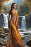 Placeholder: full shot body photo of the most beautiful artwork in the world featuring model, happy mood, High Detail, dramatic, photo realistic, ultra sharp, ultra hd, hyper realistic, ultra realistic, ((((dress)))), trending on artstation, sharp focus, studio photo, intricate details, highly detailed, standing in nice pose in country side with river ,water fall ,rocky valley,mountains at background, pretty clouds