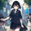 Placeholder: Clear focus, High resolution, short black hair, black eyes, wearing a sailor uniform, rough line, frowning, chopped bangs, fluffy hair, long white socks