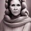 Placeholder: hyperspace background, complete and photo realistic detailed head to waist stunning photo realistic portrait of carrie fisher as Princess Leia in star wars with photo realistic updo hair by Mandy Jurgens and mucha and Richard Schmid and chuck close and chie yoshii, extraordinary and detailed ceremony dress of star wars,brown eyes