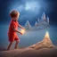 Placeholder: ghost of a child playing by himself with a castle of sand at the beach near a starfish