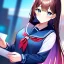 Placeholder: Clear focus, 8k, high quality, detailed, beautiful lighting, girl, vibrant colors, red long hair, vibrant blue eyes, school clothes,