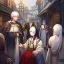 Placeholder: White haired girl with blindfold wearing white robes. Boy with black hair in peasant clothes. Background medieval market