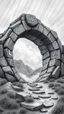 Placeholder: A depressing image of pattera in Jordan sad and emotional thought-provoking image of A rocky portal of a strange ring with strange symbols on it , the world of gray. those in the grayscale. Those beyond the portal in the color world are living and joyful.a stormy wether in the. Background in fine lines draw
