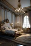 Placeholder: Create an image of a luxurious, feminine Rococo-style bedroom in 8K ultra high-definition, featuring cinematic lighting and octane rendering for hyperrealism, akin to Unreal Engine graphics. The perspective is intimate and close-up, prominently displaying the front wall which is uniquely bare and minimalist, offering a striking contrast to the richly detailed Rococo interior. The room's color scheme is soft, with muted pastel pinks and blues, accented with specific colors: teal (#244a49), dusty