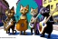 Placeholder: Group of three mature cats musicians, one cat playing guitar, one cat playing drums, one cat holding microphone and singing, street, Vienna, smiling, sunny day, model style, hyper realistic, extremely accurate, delicate, extremely detailed, Graphic novel style, wide-angle, open aperture, superfine pencil