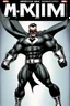 Placeholder: an extremely muscular superhero man wearing a black, skintight, formfitting cowl, a black, skintight, formfitting, Kevlar bodysuit, Silver Wrist Gauntlets, Silver Belt, Silver knee-high boots, black gloves, silver "M" logo on the chest, a mustache and goatee, black gloves,