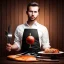 Placeholder: close up portrait of handsome man in front dark wooden statue of a cook, shiny fork and knifes on dinner table with cloth, fantasy art book cover