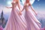 Placeholder: castle in background, beautiful, soft, big smiling, straight and long blonde hair, blues eyes, dewy and shiny atmosphere, diamond crown, long fairy wings in the back, full head, pink veil clothes