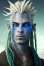 Placeholder: A tieffelin with blue skin and white Dreadlock hair. His pupil-less eyes are green. He wears a small beard. His horns are black and curved backwards. He wears a beige tunic.