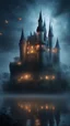 Placeholder: Hyper realistic huge haunted castle in a heavy foggy night with fireflies between an ocean