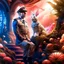 Placeholder: Broadway portrait of french macho gestapo army officer on a ladder inside glowing mushroom grove with huge fluffy space rabbit, 4 k, down-light, soft light, depth of field, photo realism, trending on art station, high detail, spray paint