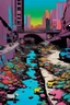 Placeholder: painting of a cyberpunk colourful natural walkway rubbish on the street in the city with pollution and a small bridge by a creek with electric sheep and androids by andy warhol