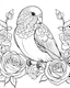 Placeholder: B/W outline art,coloring book page, full white, super detailed illustration for adult,"Budgie love Affection for Flowers and Roses", crisp line, line art, high resolution,cartoon style, smooth, low details, no shading, no fill, white background, clean line art,low background details, Sketch style.