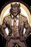 Placeholder: Buff, anthro, wolf, himbo, black fur, gold eyes, wearing a suit, full-body, muscles, strong, muscular, man boobs, bulky, tail, dark fur, smug grin, hands on hips,