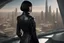 Placeholder: girl wearing black leather, shoulder-length bob, with fringe, in a science fiction building looking out over a large city