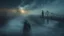 Placeholder: walking straight ahead over a wooden bridge, holding the angel of death with your right hand, entering the fog at the end of the road that leads to the afterlife, and a beautiful sunset and galaxy's behind the fog, realistic