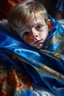 Placeholder: cover illustration, oil painting portrait of metallic sleeping slightly cute smirking innocent blue eyed vampire on a towel, bokeh , high detail, smooth render, prize winning, down light, depth of field, aura, in wind