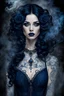 Placeholder: A mystic demonic woman with pale skin, big black eyes, dark blue hair, in a dress from smoke and grey lacy, wearing ancient tattos on her body, unique crepy person , Her captivating gaze, dark mystic background with a smoke man, Surreal scene with big smoke twist and curls that blur the line between reality and illusion, high detailed, sharp focus, masterpiece