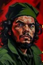 Placeholder: revolutionary portrait of che guevara but with the face of a very emotional Pepe The Frog and he has a perm.