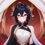 Placeholder: Clear focus,High resolution, black short fluffy hair, long fluffy bangs, and red eyes, Depressed girl, wearing a genshin impact outfit,slight revealing outfit, Smug smile, half closed eyes, smile, full body, Extreme close up, smiling, eyes close, Extreme Close up