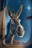 Placeholder: smiley donkey portrait with background star field seen in the window of a boat, 4 k, trending art, depth of field, high detail, high contrast