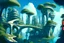 Placeholder: A futuristic alien city, with balconies, verandas, many arches, bridges, spires, paths, trees, dense foliage, Spanish moss, ivy, river, blue sky, white clouds