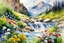 Placeholder: watercolor painting mountain view with waterfall and mountain flowers nearby by MICHAL JASIEWICZ