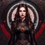 Placeholder: A (((young woman with long brown hair))), captured in a (((fantasy setting))) with a dark color palette, dominated by (((black))) and (((red))), intricate patterns and ornate designs incorporating elements like stars, moons, and swirling spirals. Her attire is sleek and (((leather))), with (((red eyes))), a (((smirk))) that implies both confident arrogance and an air of malevolent power. The overall aesthetic radiates an otherworldly quality, as if set against a (battleground)