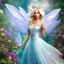 Placeholder: Fantasy fairy with transparent wings, smiling, make up, long platinum blond hair with crown and flowers, blue dress, flower background