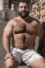 Placeholder: masculine muscular chubby burly mature arab man sunbathing, sitted on an empty street, 35 years old, ripped dirty tank top, bullneck, hands behind the neck, ripped dirty shorts, manly chest, very hairy, short beard, big shoulders, relaxed, photorealistic, well defined facial features, half figure photography, view angle from the ground