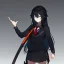 Placeholder: Clear focus, High resolution, long black fluffy hair, blue eyes, wearing a black sailor uniform, red tie, yandere, rough line sketch, dark aura, holding a katana, hair between eyes, 1girl, standing in grey sand