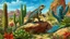 Placeholder: It shows the lizard perched on a rock next to a lush oasis filled with palm trees and vibrant flowers. The creature's green and brown spikes blend into the natural surroundings, with sparkling water reflecting the blue sky. It includes butterflies fluttering around, adding a touch of liveliness. Mood: Peaceful and vibrant, showing the beauty of life in the desert.