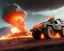 Placeholder: wide angle of Gi joe driving A lunar armored rover with tracks and claw and orange, troops, big Erupting Cloudy volcano, White headlight on flamethrower, wet