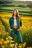 Placeholder: fullbody shot of young-beautiful-girl-with-a-perfect-face wearing pants and thight blouse and jacket sport shoes standing in country side green field flowers day lights