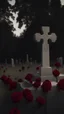 Placeholder: A grave in a field full of r ed roses. Above the grave is a white lace scarf and a gun.cinematic