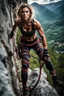 Placeholder: An action shot of a sexy looking zombie mountain climber, dramatic climb, an action shot, sexy crop top and tight leggings, climbing ropes,cinematic poster, cinematic lighting