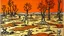 Placeholder: An orange colored arid desert with skeletal trees and a tar pit painted by Keith Haring