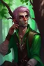 Placeholder: Male elf, rogue, brown skin, bright green eyes, mauve hair, sneaky, trees, stoner, long bow, black leather straps, disheveled, smoking weed