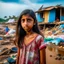 Placeholder: young indian girl frowning very close to camera standing on broken seashore behind there are fragments of house