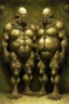 Placeholder: The full bodies of two fat old men , holding their hands on each other shoulders , front view camera, decayed and rotting with grotesque proportions and imagery. surreal horror, biomechanical design, by hr giger and beksinski , fine lines draw