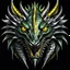 Placeholder: stunning metallic shiny silver-green dragon head with yellow eyes on black background, dragon looking the camera, dark fantasy, vector illustration, 2d , centered, high detalied, professional, line art, vector graphics, dark mood, hyper realistic, deep colors, cinematic