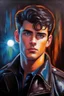 Placeholder: 18-year-old Elvin P. Resley with crew-cut dark brown hair tapered on the sides, bangs over the forehead, goatee, bushy eyebrows, blue eyes, wearing a leather jacket - pitch black background with an overhead spotlight effect, extremely colorful, oil painting by Gerald Brom