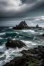 Placeholder: el paisaje desde una isla de roca en medio del océano con un clima tempestuoso y a la vez majestuoso