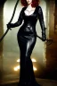 Placeholder: Christina Hendricks dressed in black leather gown, with a whip in her hand, inside a dungeon, busty, cleavage, angry, stern look, volumetric lighting, particales,highly detailed,cinematic, deep colours,8