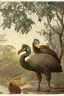 Placeholder: John James Audubon-like illustration of a fully uncropped Dodo bird and a Platypus in a landscape of warm yellows, warm reds, and warm blues