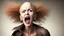 Placeholder: bald lady screaming while holding shoddy wig in her hands in front of her