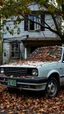 Placeholder: A car abandoned in front of an old house covered with tree leaves and branches