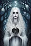 Placeholder: illustration from a surreal ghostly woman with ghostly white skin in Tim Burton style, high details, surrounded by various strange mystic trees. Her eyes are close open, and her is long messy dark hair. she holding a black heart, adding a unique surreal and sinister style to the artwork, etheral, weird plants, otherworldly, dark mood, cinematic