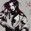 Placeholder: Billie Eilish as a goth punk vampire huge girl, illustration by Yoji Shinkawa and Katsushika Hokusai, finely detailed facial features, finely drawn and inked, 4k, symmetric, hyperdetailed , dark plum and red wine tones