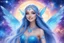 Placeholder: A beauty Fairy women with long blue straight hair, with a beautiful face, and Blue big eyes. She has Crystal wings and sweety elegant smile.She Is a magic sacred dancer in cosmica ceremony..the background Is a magic coloured bright galaxy, with a stars. She Is so fine gentle and with grace